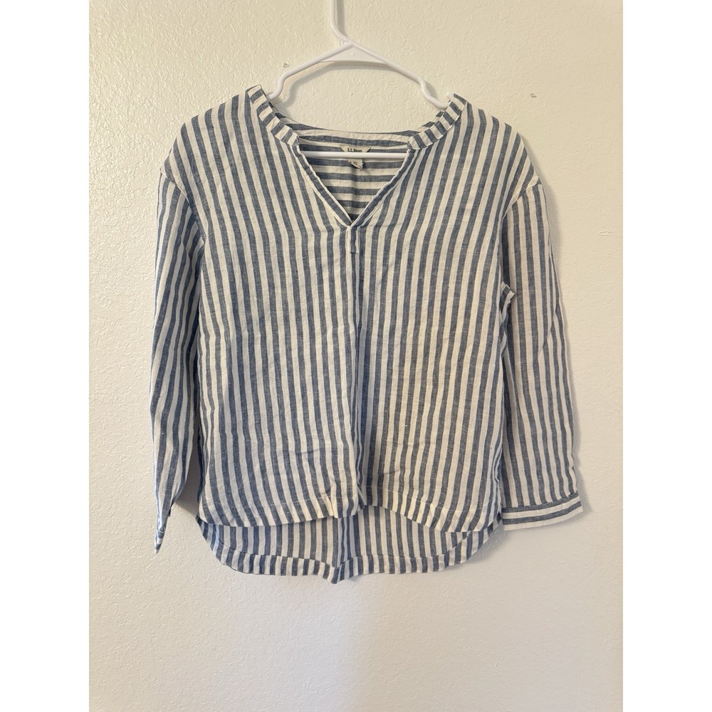 LL Bean Linen Split Neck Stripe Shirt Blue White XS NWT 522935